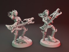 Chica guerrera de heavy metal con miniaturas de guitarra y pistola de plasma (Pack de 2 miniaturas)
