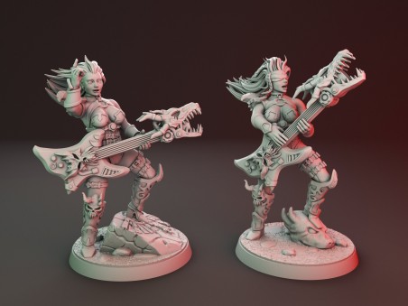 Chica guerrera de heavy metal con miniaturas de guitarra y pistola de plasma (Pack de 2 miniaturas)