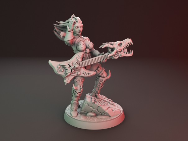 Chica guerrera de heavy metal con miniaturas de guitarra y pistola de plasma (Pack de 2 miniaturas)
