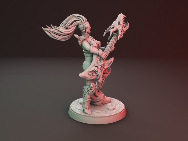 Chica guerrera de heavy metal con miniaturas de guitarra y pistola de plasma (Pack de 2 miniaturas)