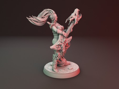 Chica guerrera de heavy metal con miniaturas de guitarra y pistola de plasma (Pack de 2 miniaturas)